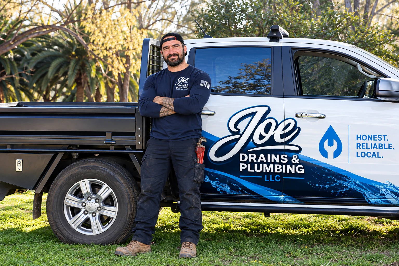 Joe and the Joe's Drains & Plumbing truck, ready to help with all your plumbing needs